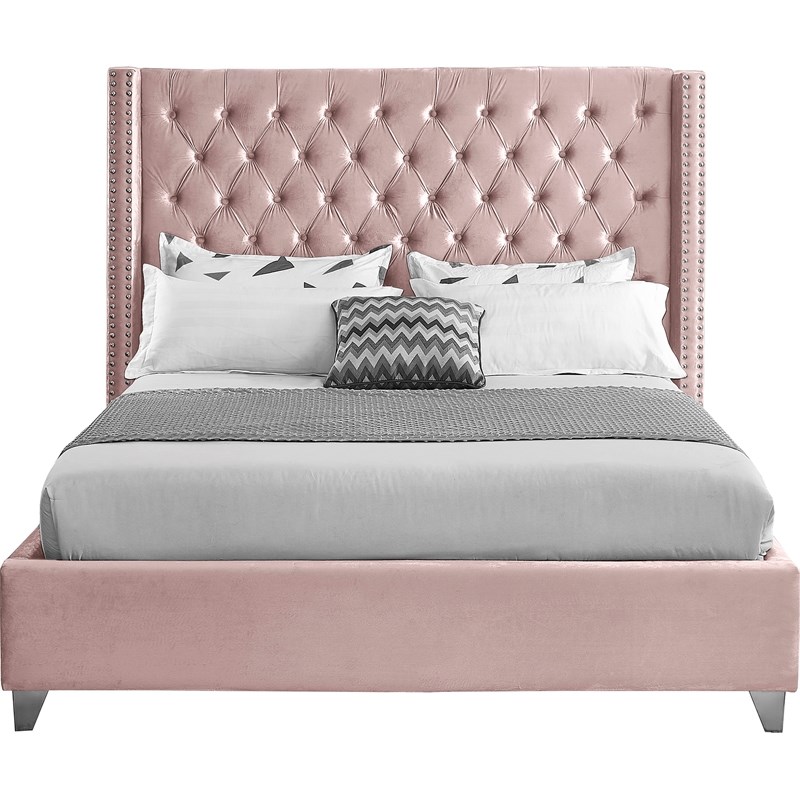 Meridian Furniture Aiden Solid Wood Tufted Velvet Wing Back King Bed in Pink