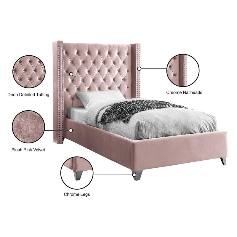 Meridian Furniture Aiden Solid Wood Tufted Velvet Wing Back Twin Bed in Pink
