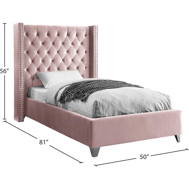 Meridian Furniture Aiden Solid Wood Tufted Velvet Wing Back Twin Bed in Pink