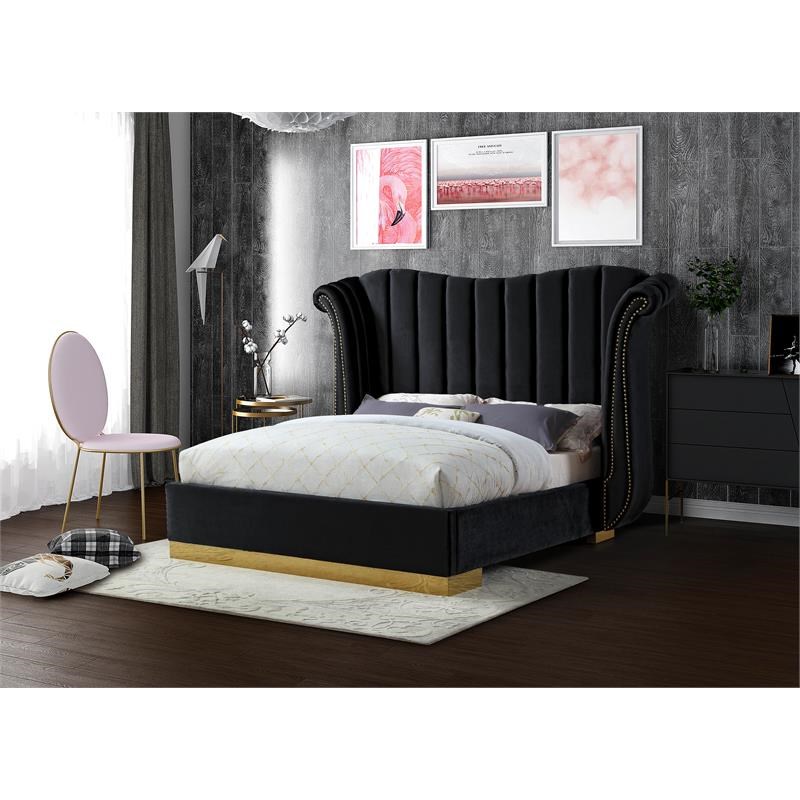 Meridian Furniture Flora Solid Wood and Velvet Queen Bed in Black