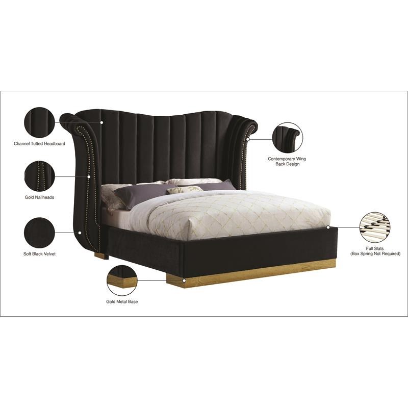 Meridian Furniture Flora Solid Wood and Velvet Queen Bed in Black