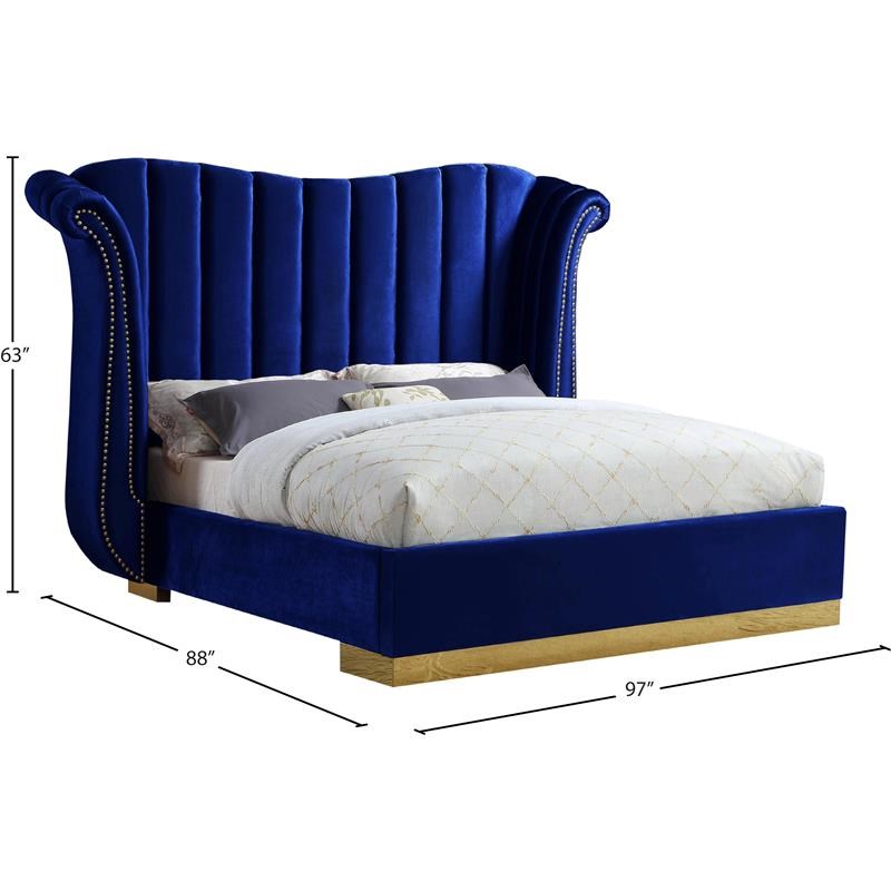 Meridian Furniture Flora Solid Wood and Velvet King Bed in Navy