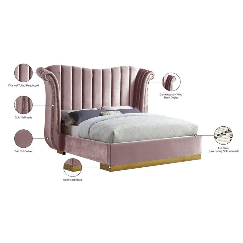 Meridian Furniture Flora Solid Wood and Velvet King Bed in Pink