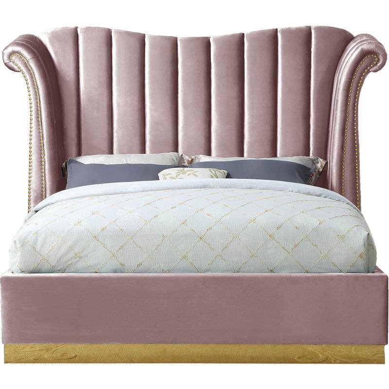 Meridian Furniture Flora Solid Wood and Velvet King Bed in Pink