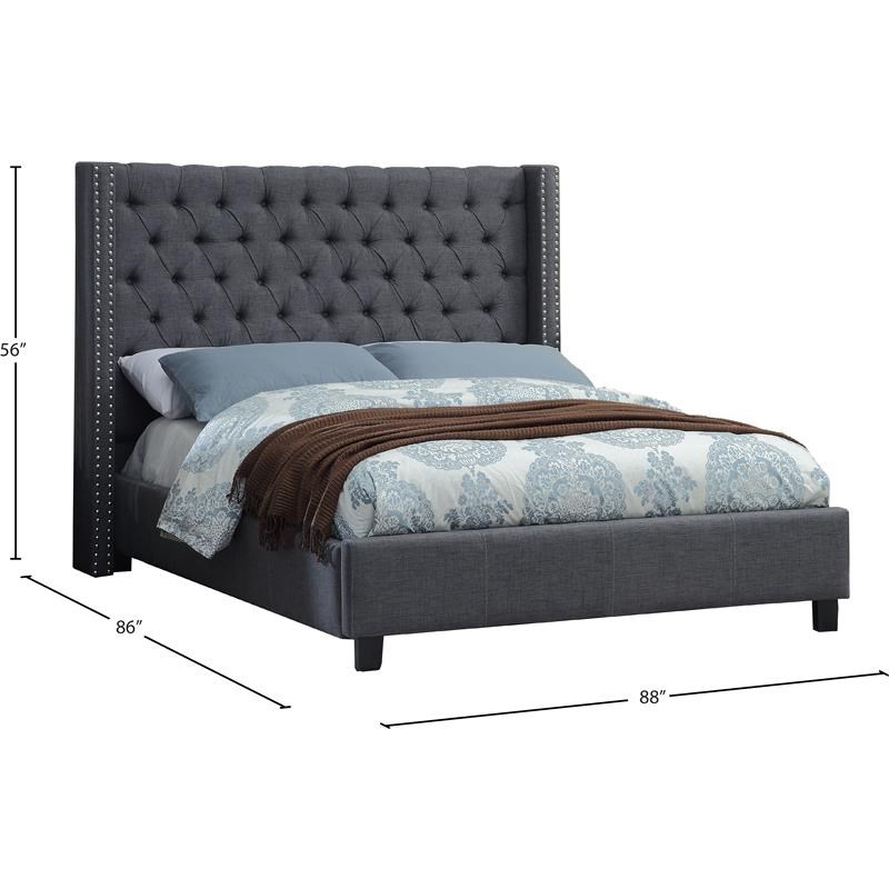 Meridian Furniture Ashton Solid Wood Linen Wing Back King Bed in Gray