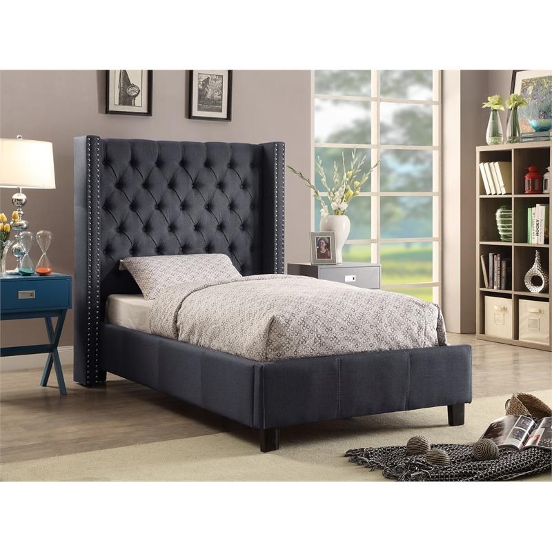 Meridian Furniture Ashton Solid Wood Linen Wing Back Twin Bed in Gray