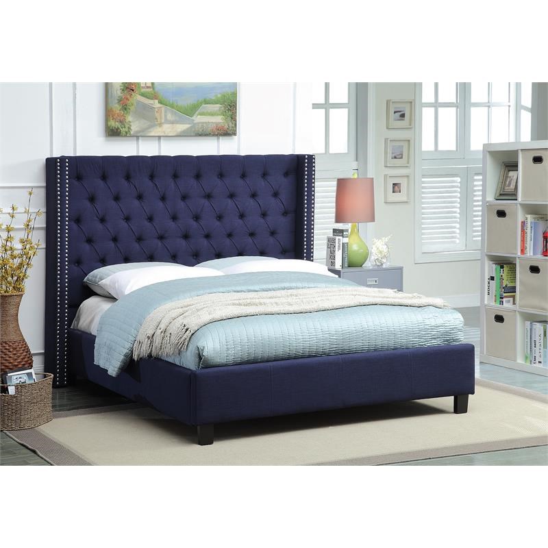 Meridian Furniture Ashton Solid Wood Linen Wing Back Full Bed in Navy