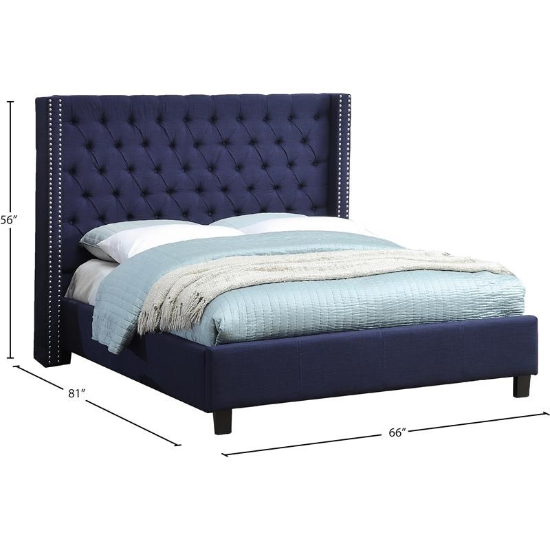 Meridian Furniture Ashton Solid Wood Linen Wing Back Full Bed in Navy