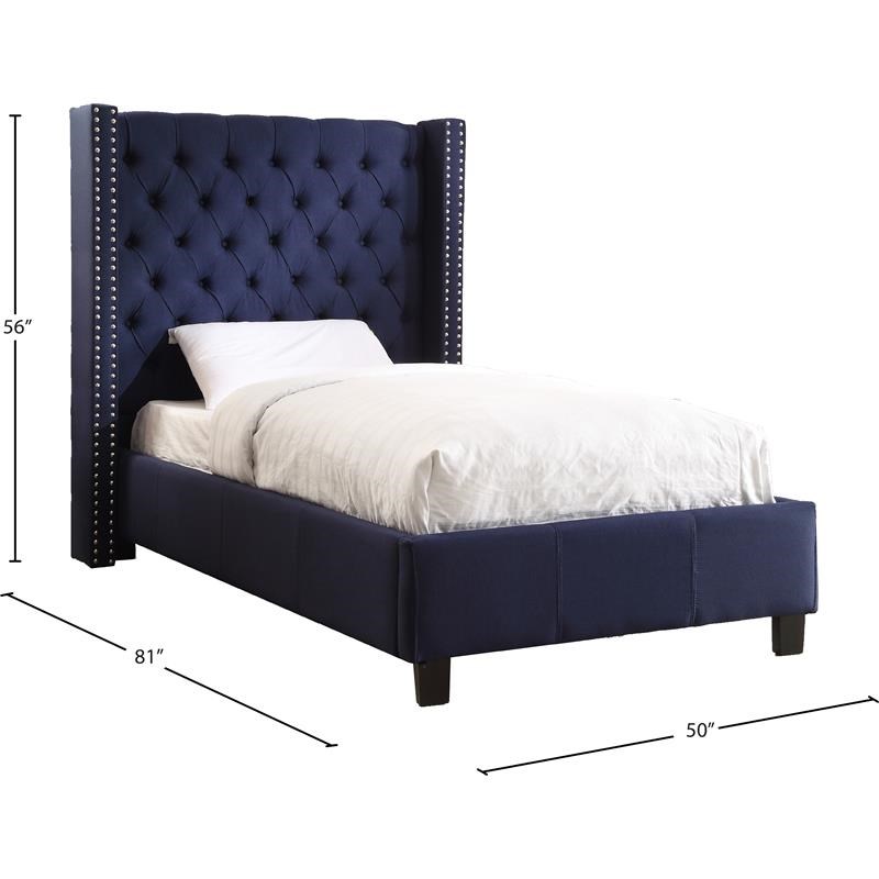 Meridian Furniture Ashton Solid Wood Linen Wing Back Twin Bed in Navy
