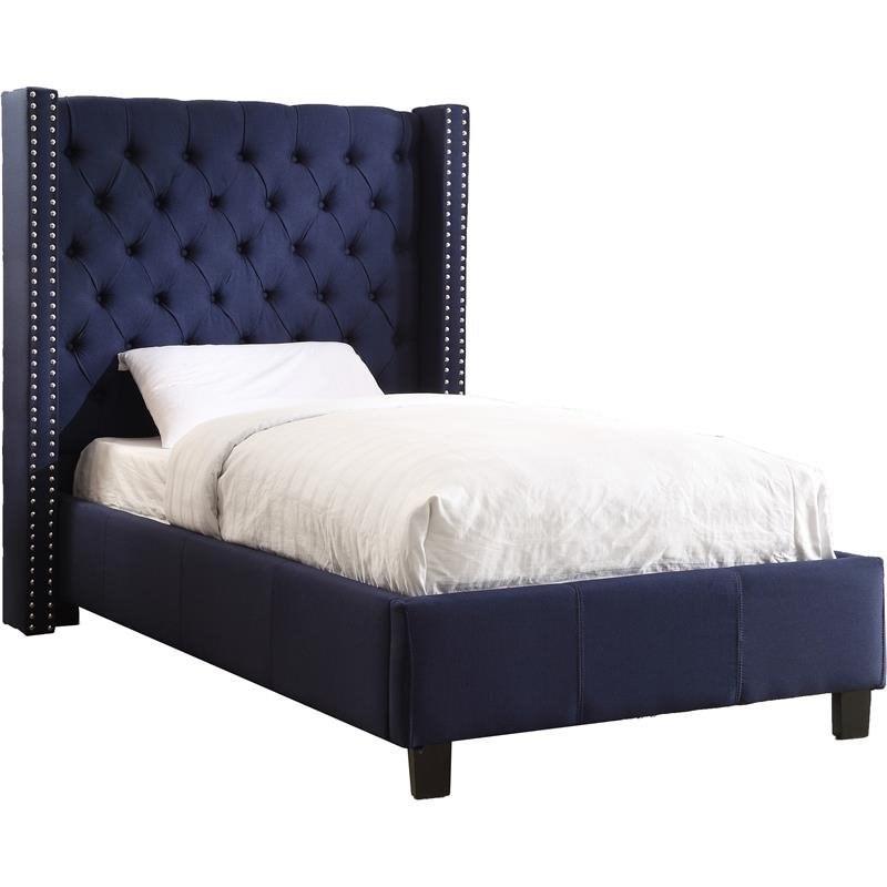 Meridian Furniture Ashton Solid Wood Linen Wing Back Twin Bed in Navy