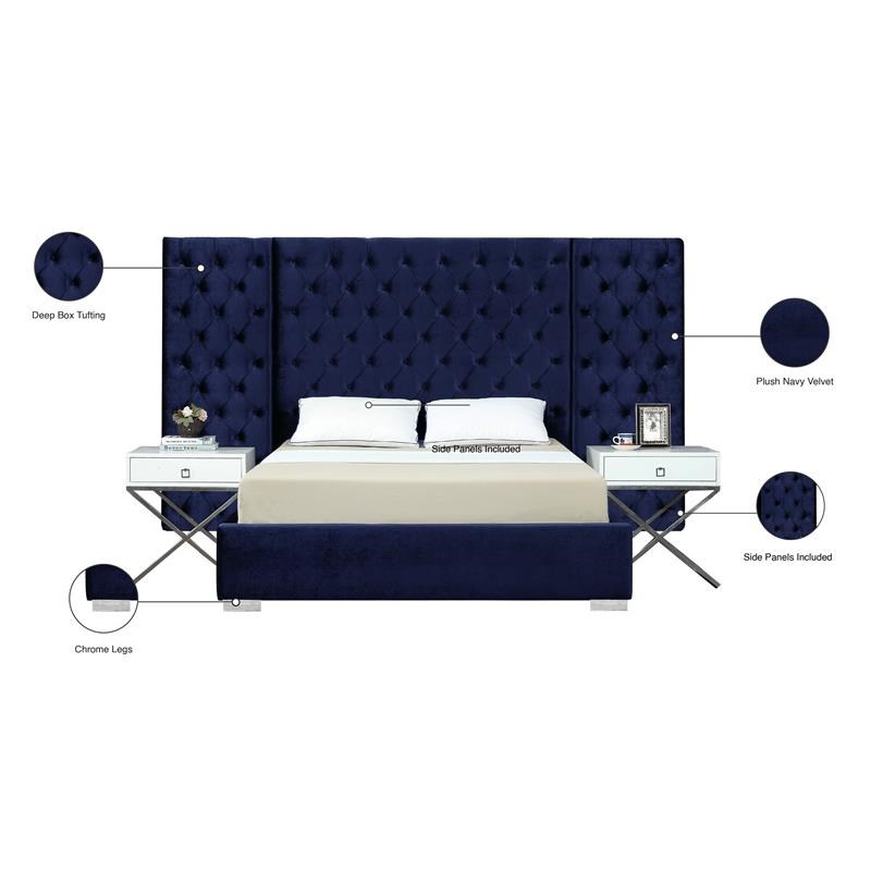 Meridian Furniture Grande Solid Wood and Velvet Queen Bed in Navy