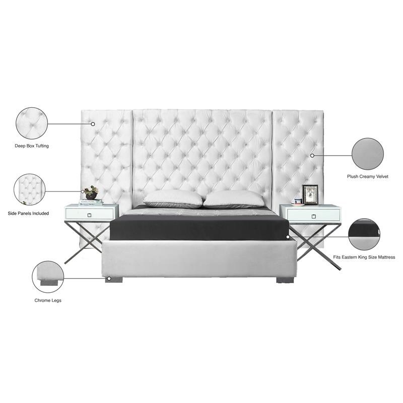 Meridian Furniture Grande Solid Wood and Velvet King Bed in White