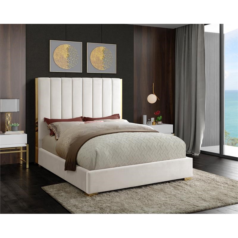 Meridian Furniture Becca Metal and Velvet Full Bed in Cream