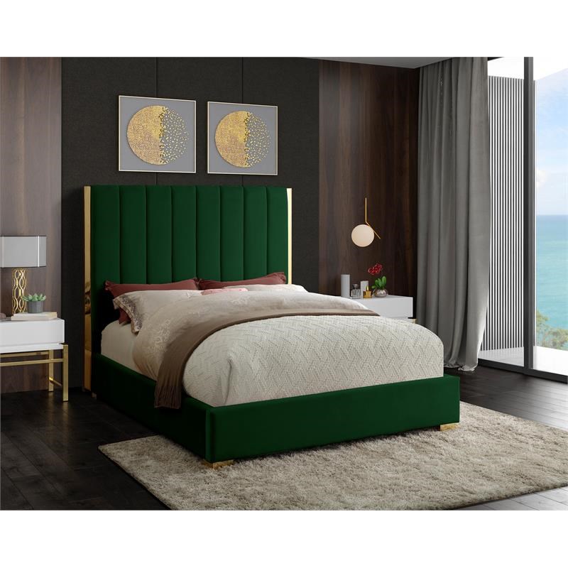 Meridian Furniture Becca Metal and Velvet Queen Bed in Green