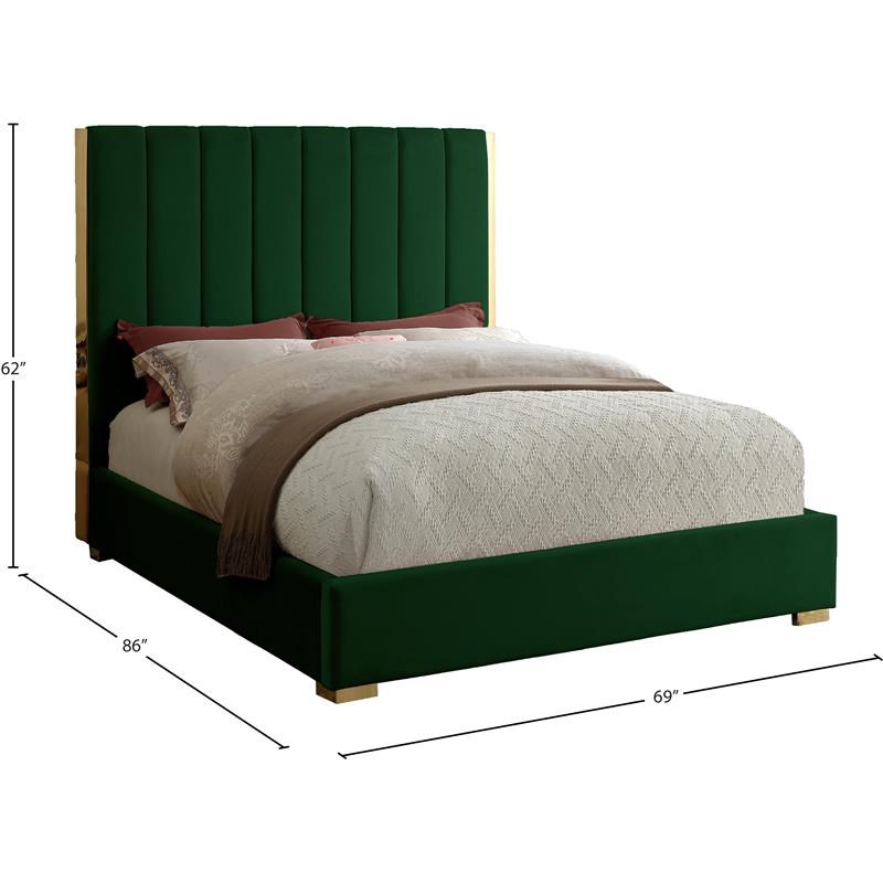 Meridian Furniture Becca Metal and Velvet Queen Bed in Green