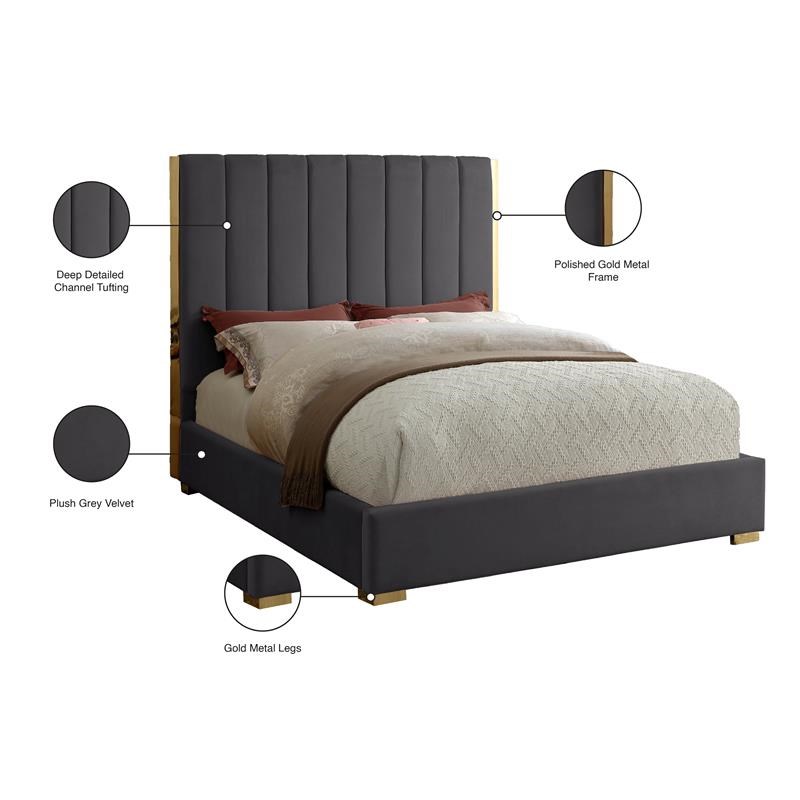 Meridian Furniture Becca Metal and Velvet Full Bed in Gray