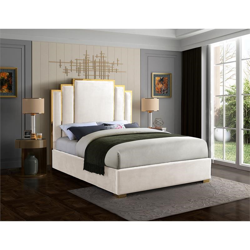 Meridian Furniture Hugo Rich Velvet Queen Bed in Cream