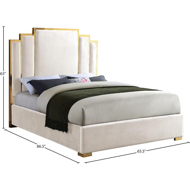 Meridian Furniture Hugo Rich Velvet Queen Bed in Cream