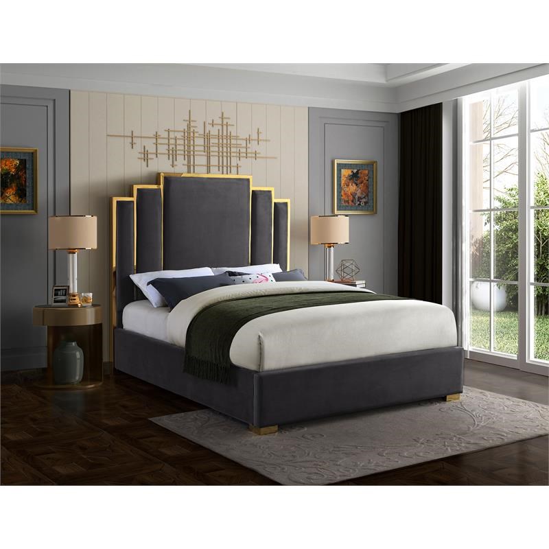 Meridian Furniture Hugo Rich Velvet King Bed in Gray
