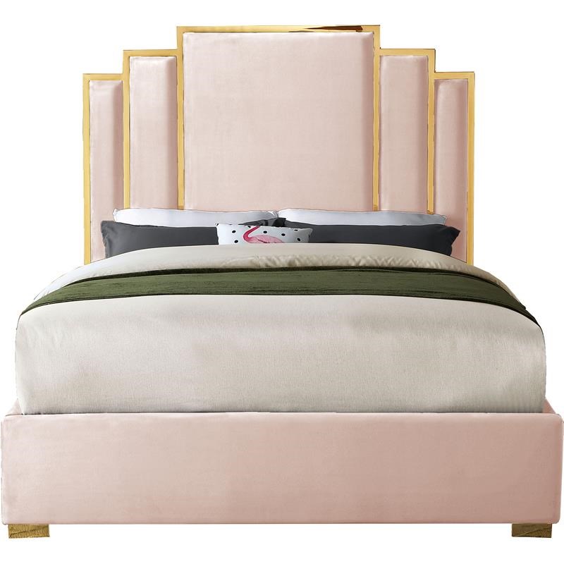 Meridian Furniture Hugo Rich Velvet Queen Bed in Pink