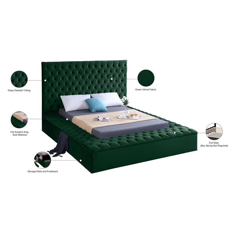Meridian Furniture Bliss Solid Wood Tufted Velvet King Bed in Green