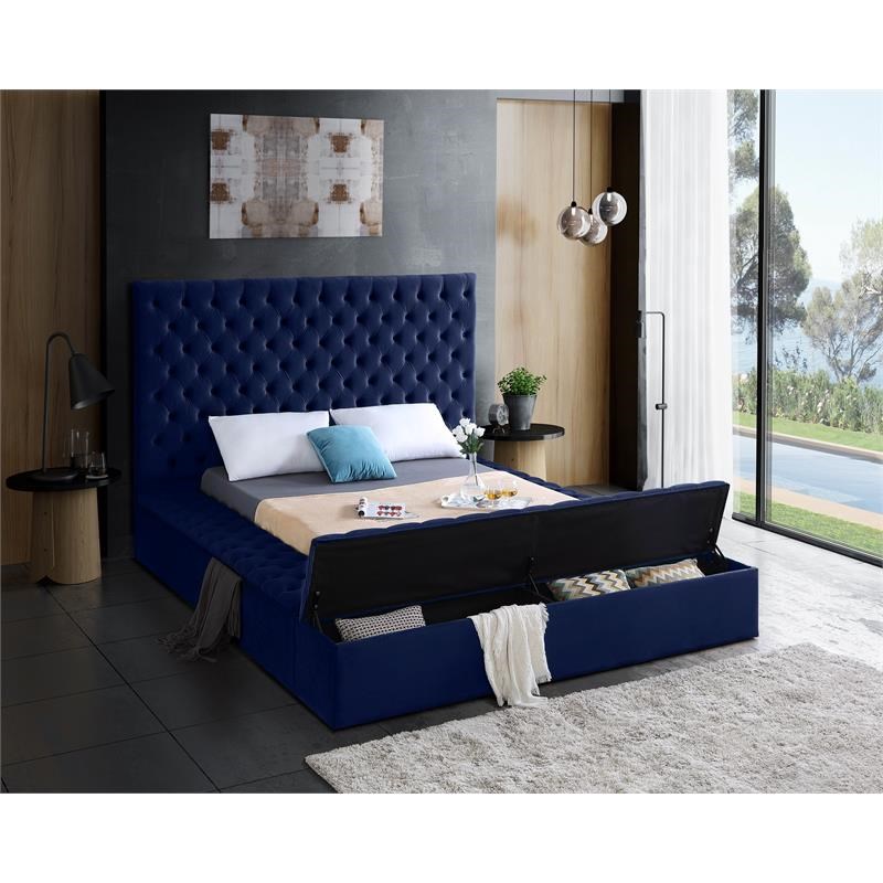 Meridian Furniture Bliss Solid Wood Tufted Velvet King Bed in Navy