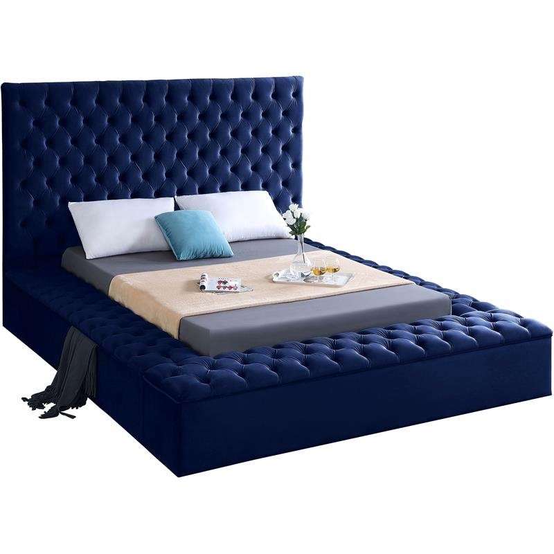 Meridian Furniture Bliss Solid Wood Tufted Velvet King Bed in Navy