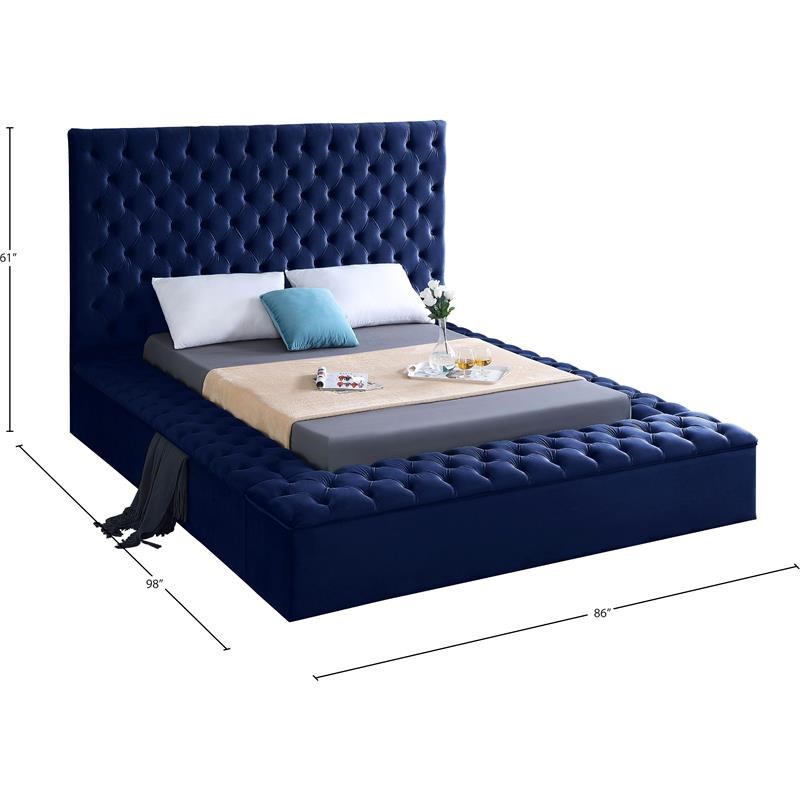 Meridian Furniture Bliss Solid Wood Tufted Velvet Queen Bed in Navy