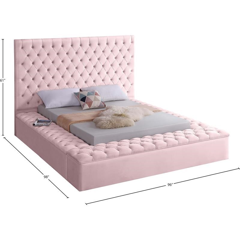 Meridian Furniture Bliss Solid Wood Tufted Velvet King Bed in Pink