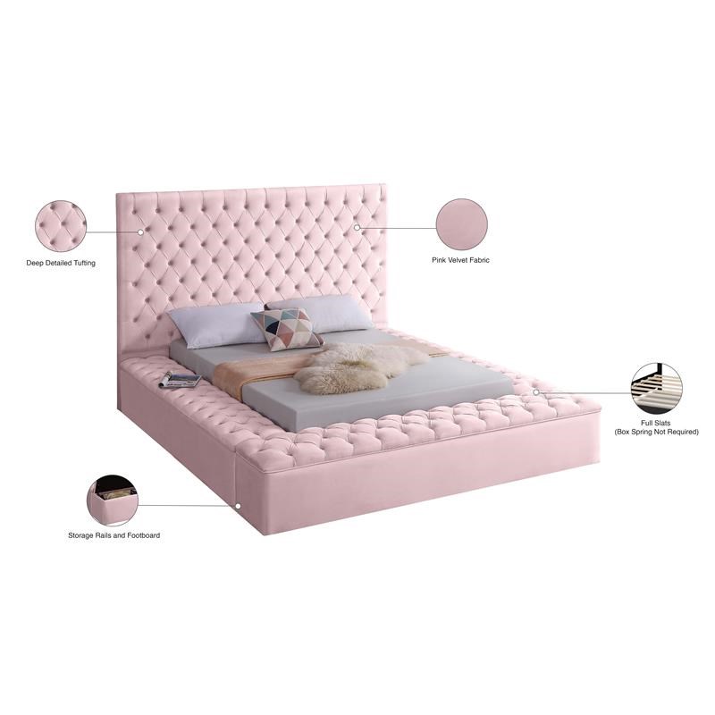 Meridian Furniture Bliss Solid Wood Tufted Velvet Queen Bed in Pink