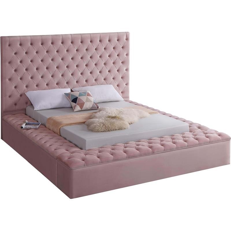 Meridian Furniture Bliss Solid Wood Tufted Velvet Queen Bed in Pink