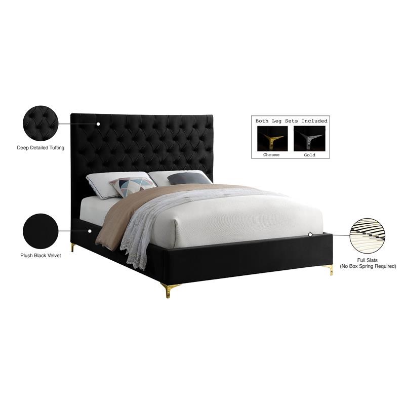 Meridian Furniture Cruz Solid Wood Tufted Velvet Queen Bed in Black