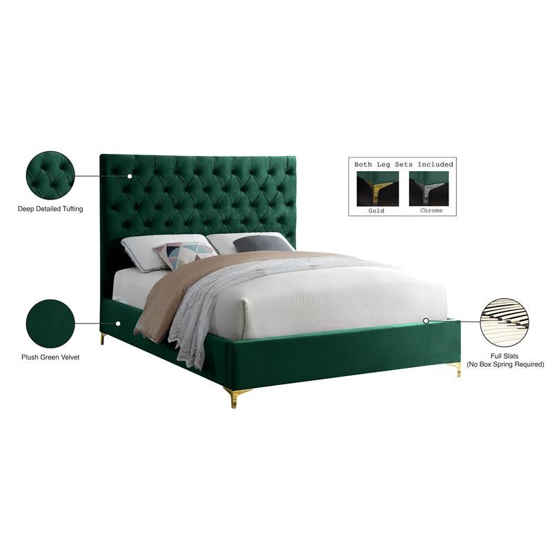 Meridian Furniture Cruz Solid Wood Tufted Velvet King Bed in Green