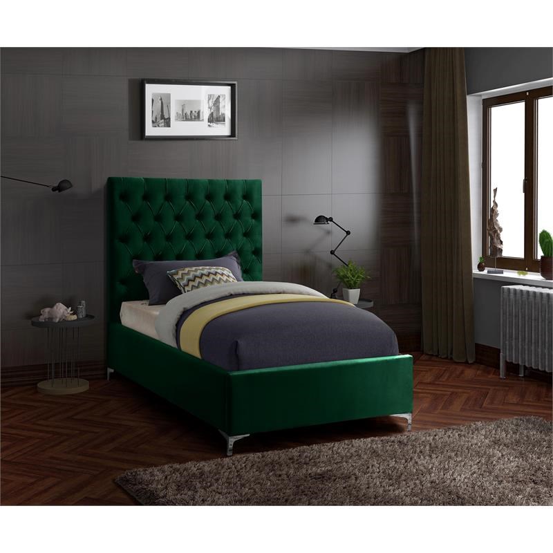 Meridian Furniture Cruz Solid Wood Tufted Velvet Twin Bed in Green