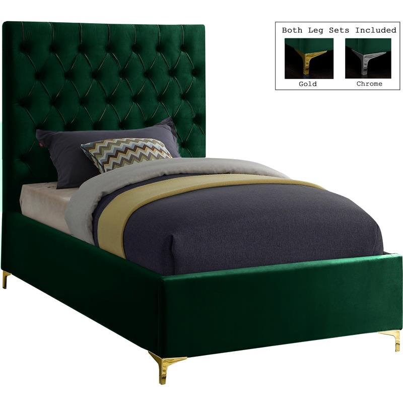 Meridian Furniture Cruz Solid Wood Tufted Velvet Twin Bed in Green