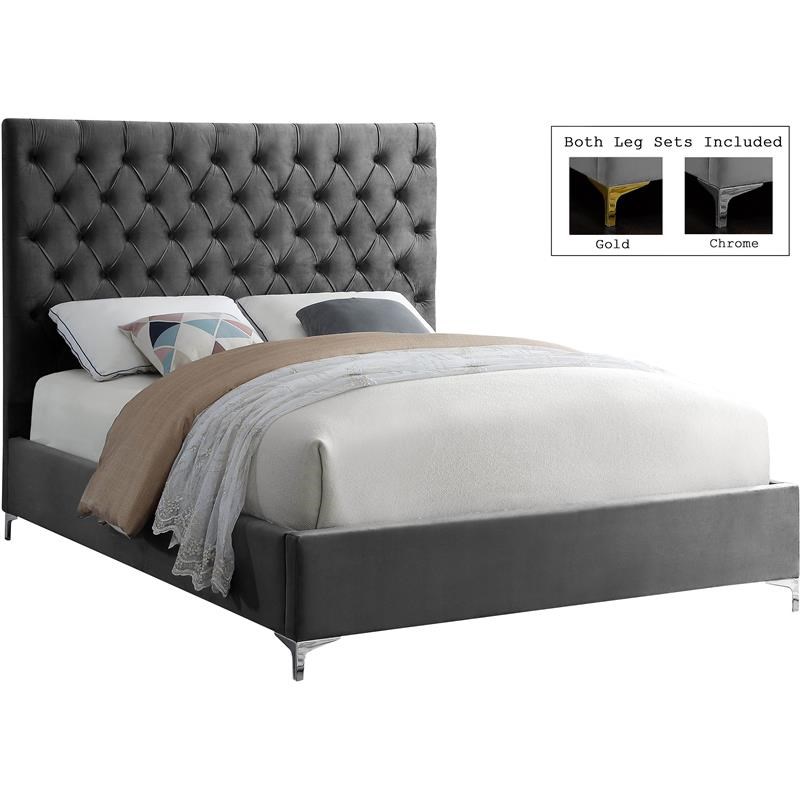 Meridian Furniture Cruz Solid Wood Tufted Velvet King Bed in Gray