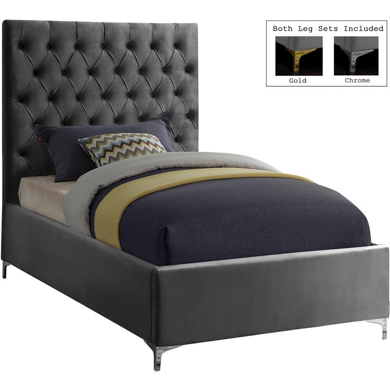 Meridian Furniture Cruz Solid Wood Tufted Velvet Twin Bed in Gray