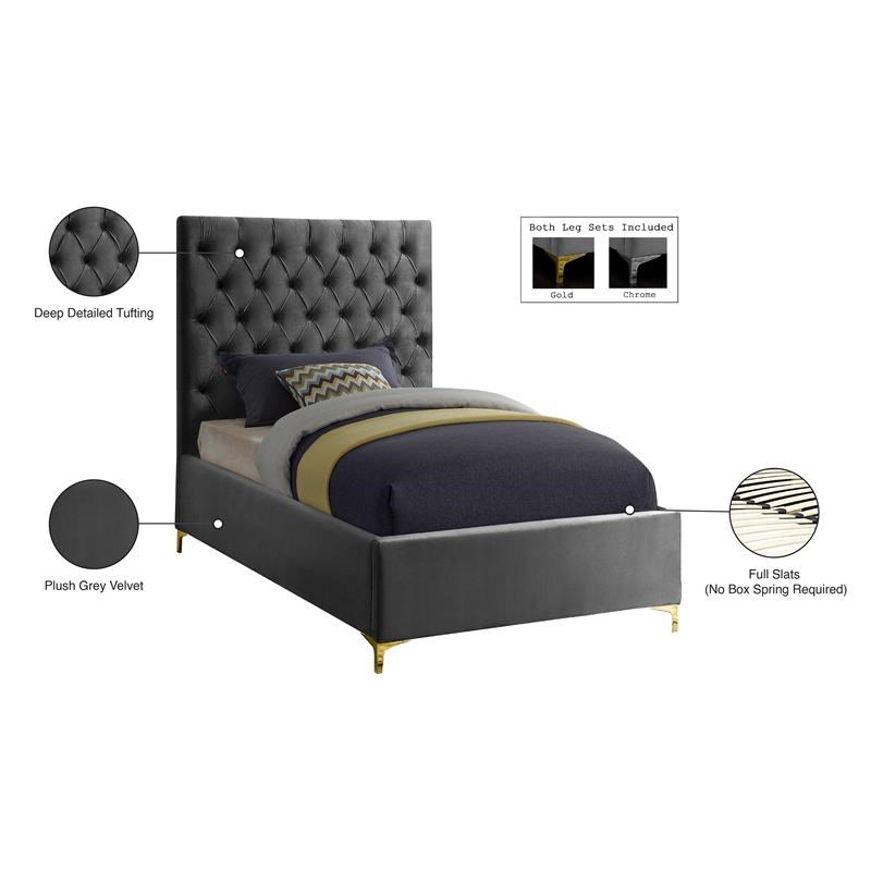 Meridian Furniture Cruz Solid Wood Tufted Velvet Twin Bed in Gray