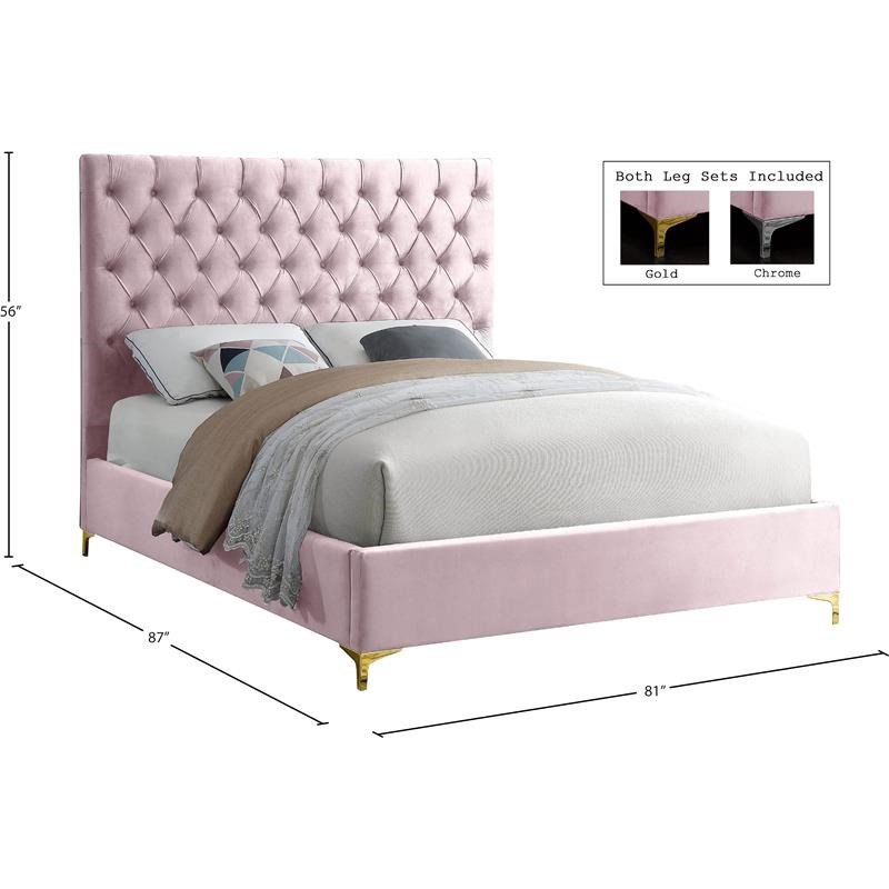 Meridian Furniture Cruz Solid Wood Tufted Velvet King Bed in Pink