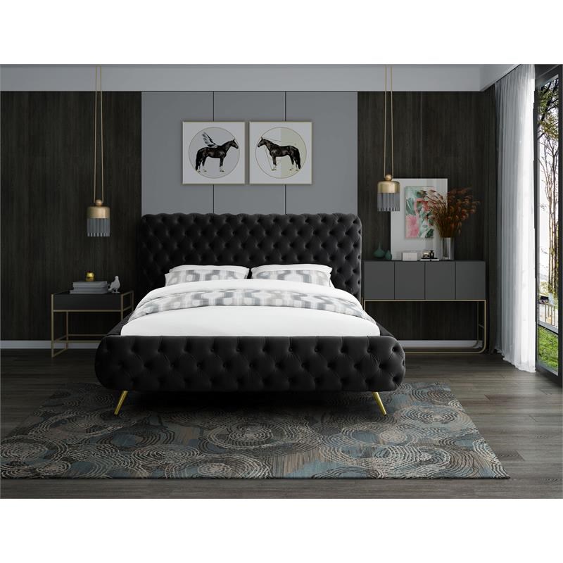 Meridian Furniture Delano Solid Wood Tufted Velvet Queen Bed in Black