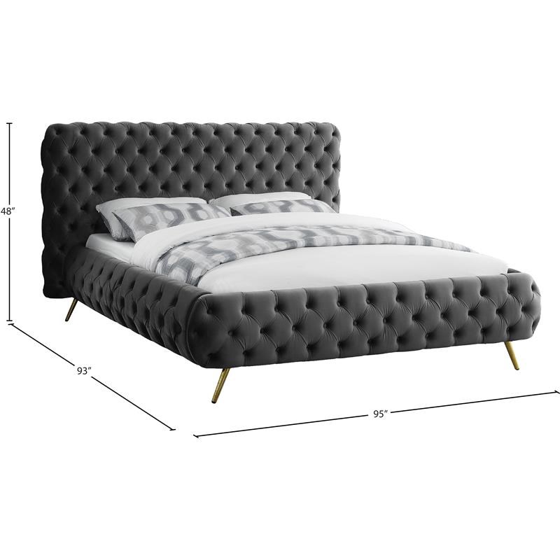 Meridian Furniture Delano Solid Wood Tufted Velvet King Bed in Gray