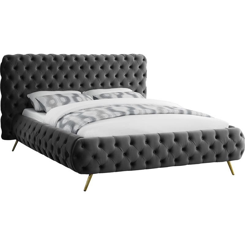 Meridian Furniture Delano Solid Wood Tufted Velvet King Bed in Gray