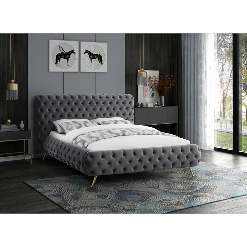 Meridian Furniture Delano Solid Wood Tufted Velvet Queen Bed in Gray