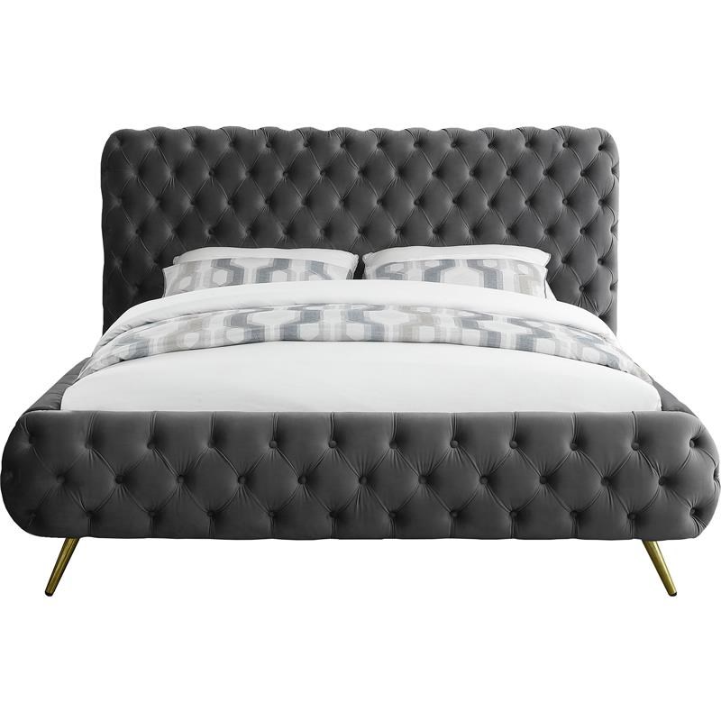 Meridian Furniture Delano Solid Wood Tufted Velvet Queen Bed in Gray