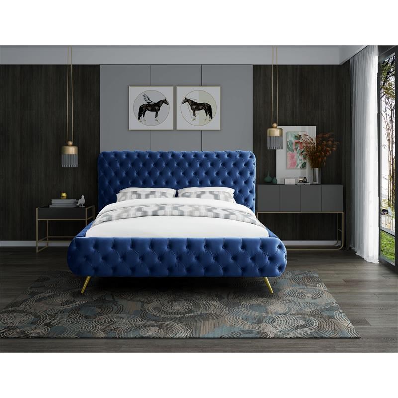 Meridian Furniture Delano Solid Wood Tufted Velvet Queen Bed in Navy