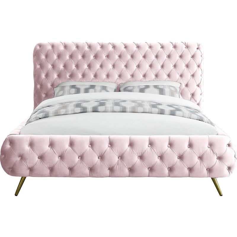 Meridian Furniture Delano Solid Wood Tufted Velvet Queen Bed in Pink