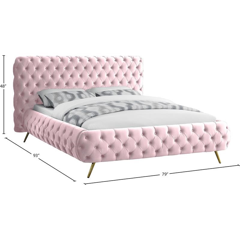Meridian Furniture Delano Solid Wood Tufted Velvet Queen Bed in Pink