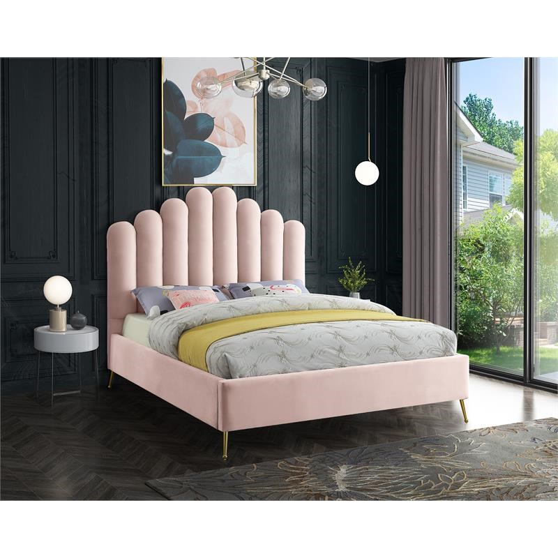 Meridian Furniture Lily Solid Wood and Tufted Velvet Full Bed in Pink