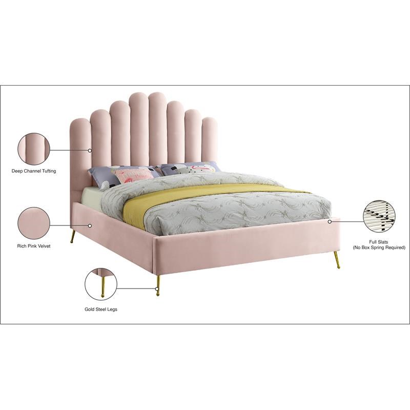 Meridian Furniture Lily Solid Wood and Tufted Velvet Full Bed in Pink