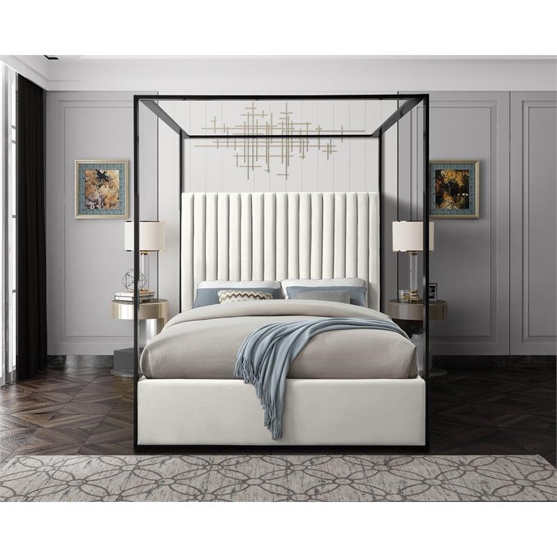 Meridian Furniture Jax Solid Wood and Velvet Queen Bed in Cream